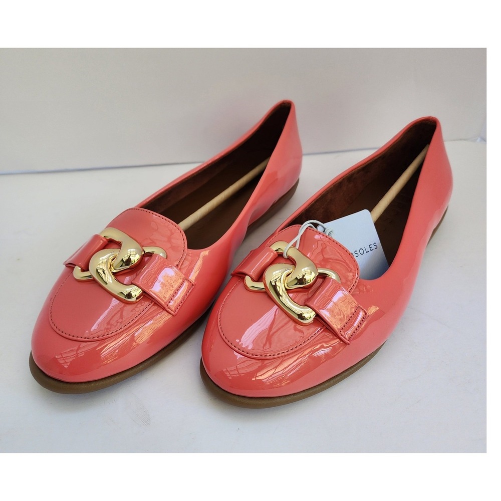 Aerosoles Bell Coral Pink Patent Gold Chain Link Loafers Flats Womens 10W New - Picture 2 of 11